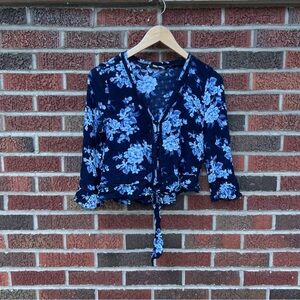 American Eagle Outfitters Navy Blue and Baby Blue Floral V Neck Crepe Top